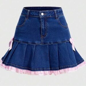 Kawaii Women's Pleated Denim Skirt with Lace Hem Skirt with Pink Accents